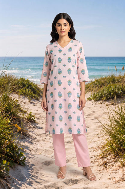Dusty Pink Floral Printed Pure Cotton Straight Kurta