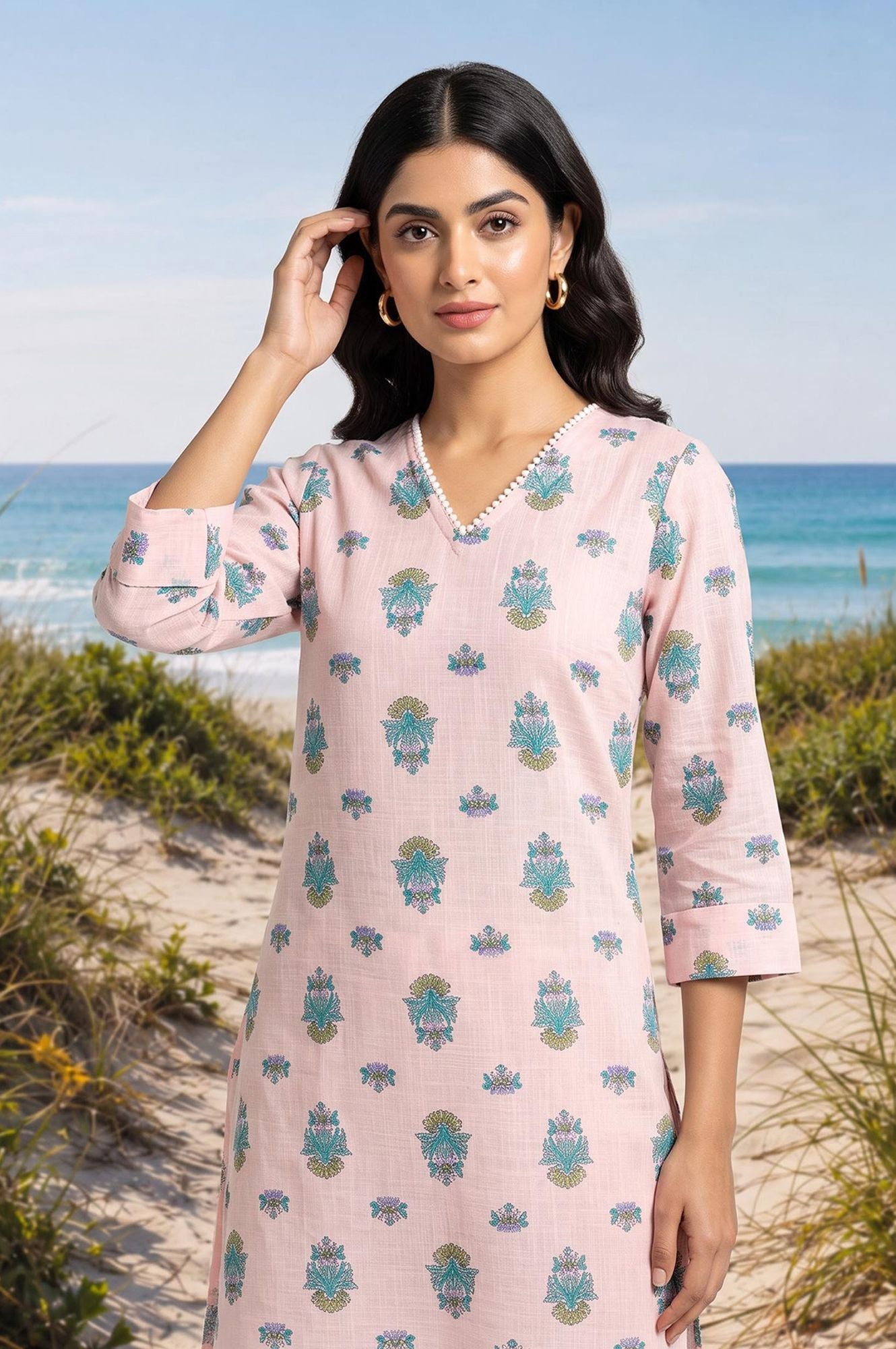 Dusty Pink Floral Printed Pure Cotton Straight Kurta