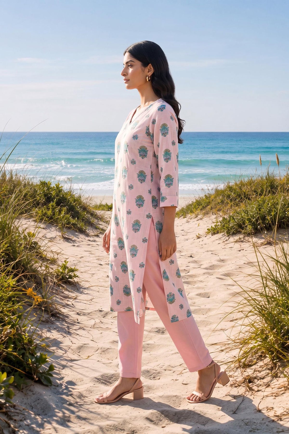 Dusty Pink Floral Printed Pure Cotton Straight Kurta