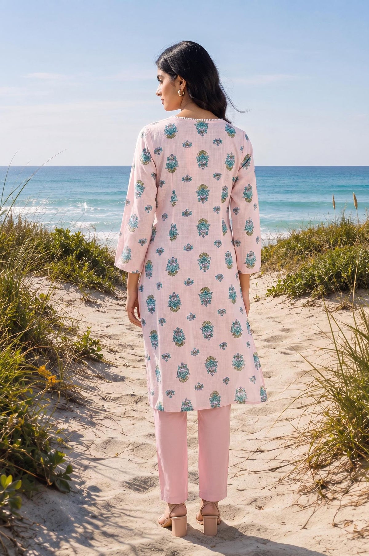 Dusty Pink Floral Printed Pure Cotton Straight Kurta