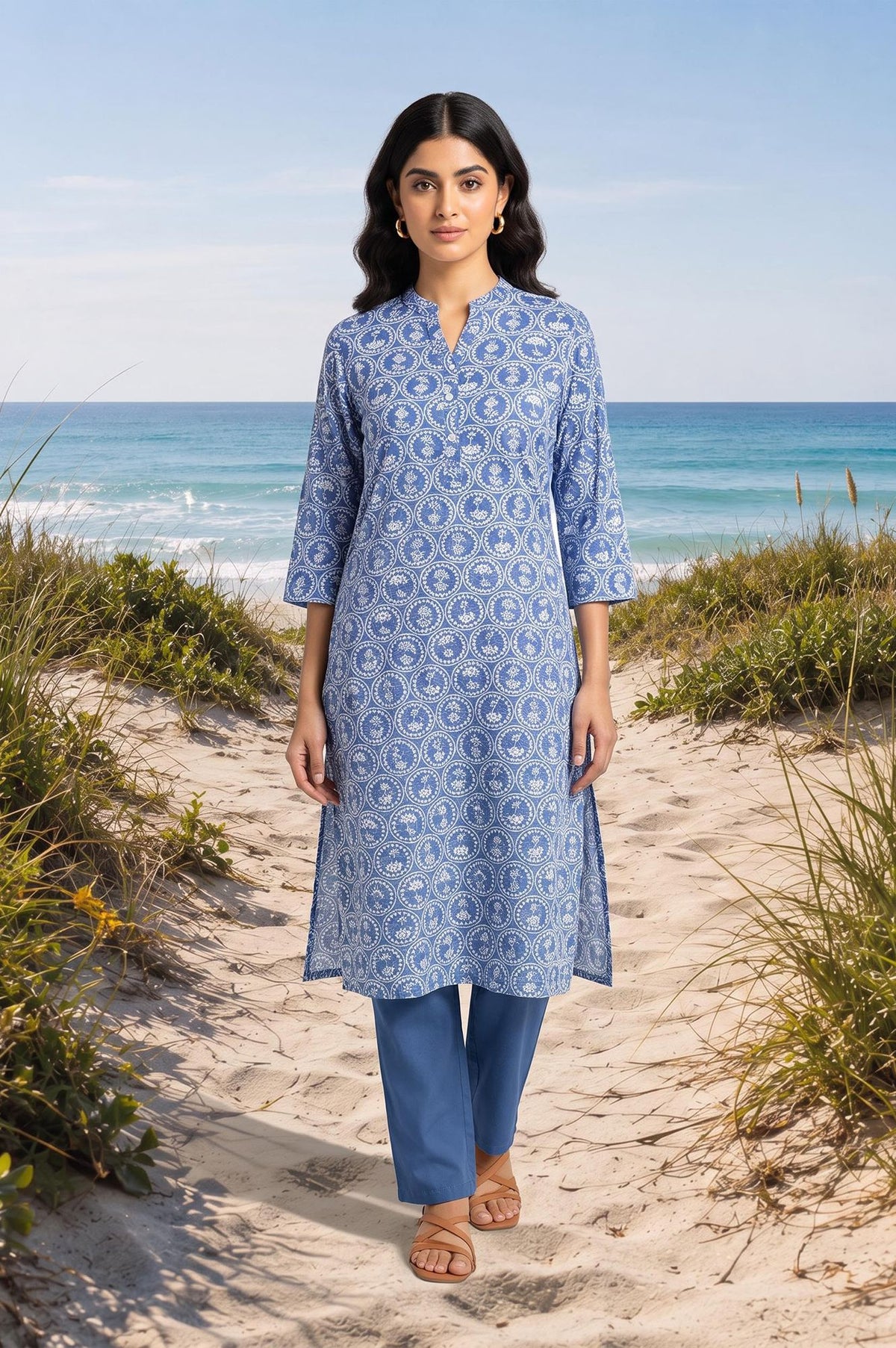 Blue Floral Printed Pure Cotton Straight Kurta