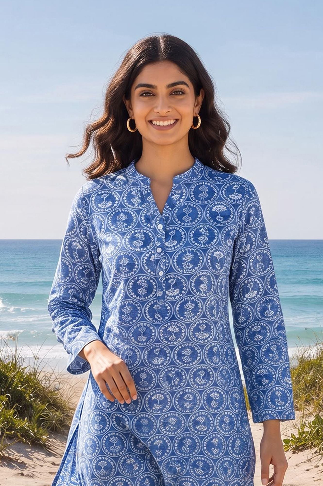 Blue Floral Printed Pure Cotton Straight Kurta