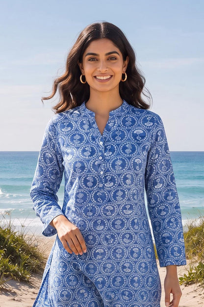 Blue Floral Printed Pure Cotton Straight Kurta