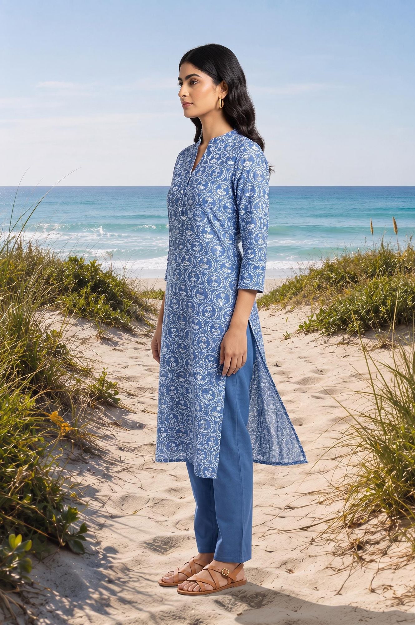 Blue Floral Printed Pure Cotton Straight Kurta