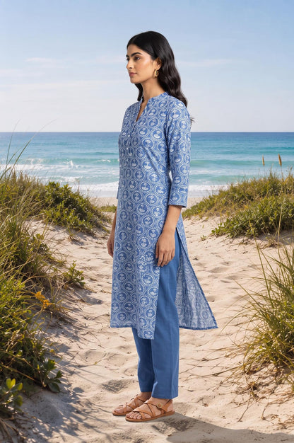 Blue Floral Printed Pure Cotton Straight Kurta