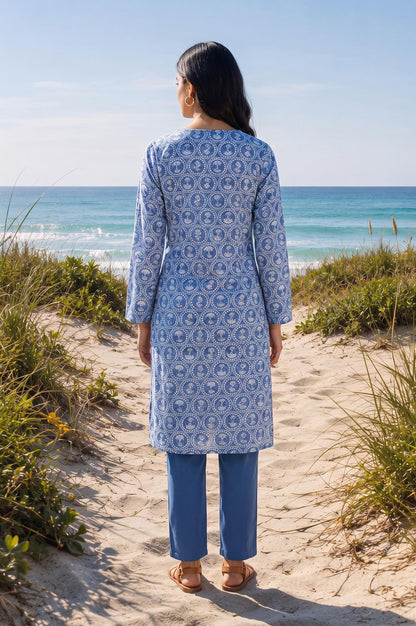 Blue Floral Printed Pure Cotton Straight Kurta