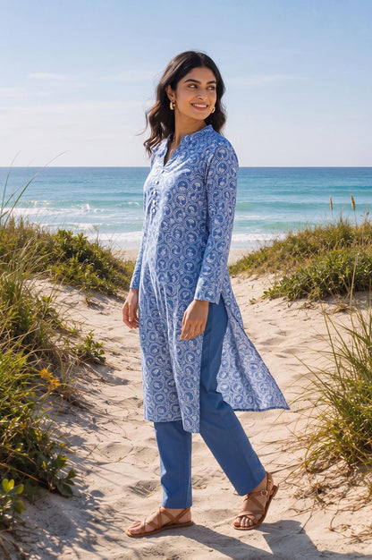 Blue Floral Printed Pure Cotton Straight Kurta