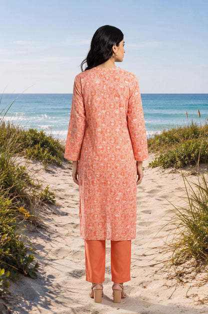 Peach Ethnic Motifs Pure Cotton Straight Kurta