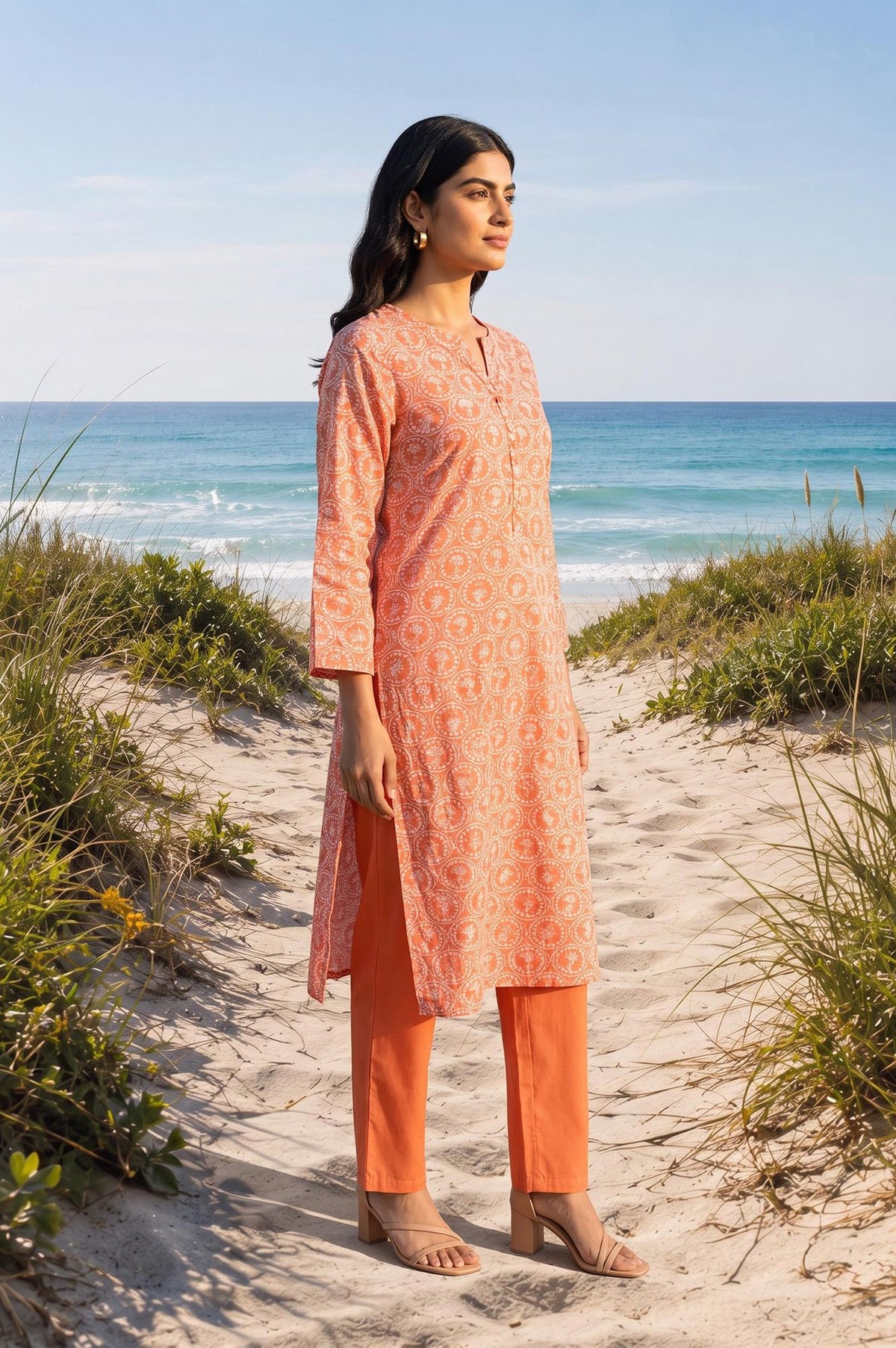 Peach Ethnic Motifs Pure Cotton Straight Kurta