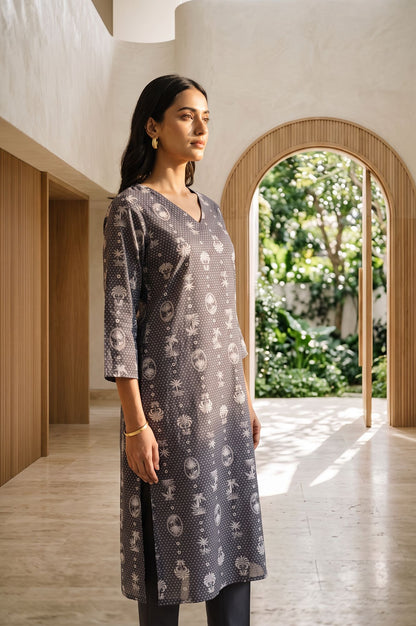 Grey Tropical Printed Pure Cotton Straight Kurta