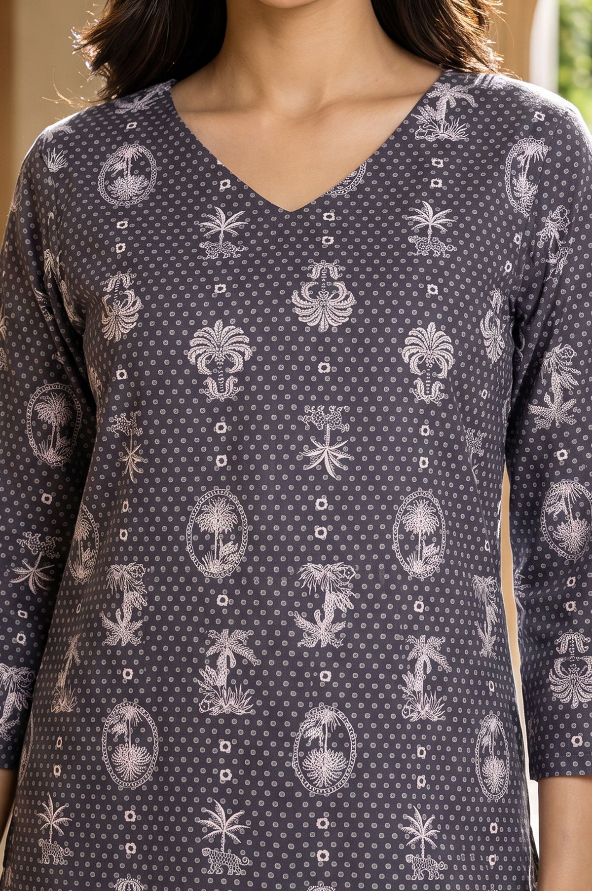 Grey Tropical Printed Pure Cotton Straight Kurta