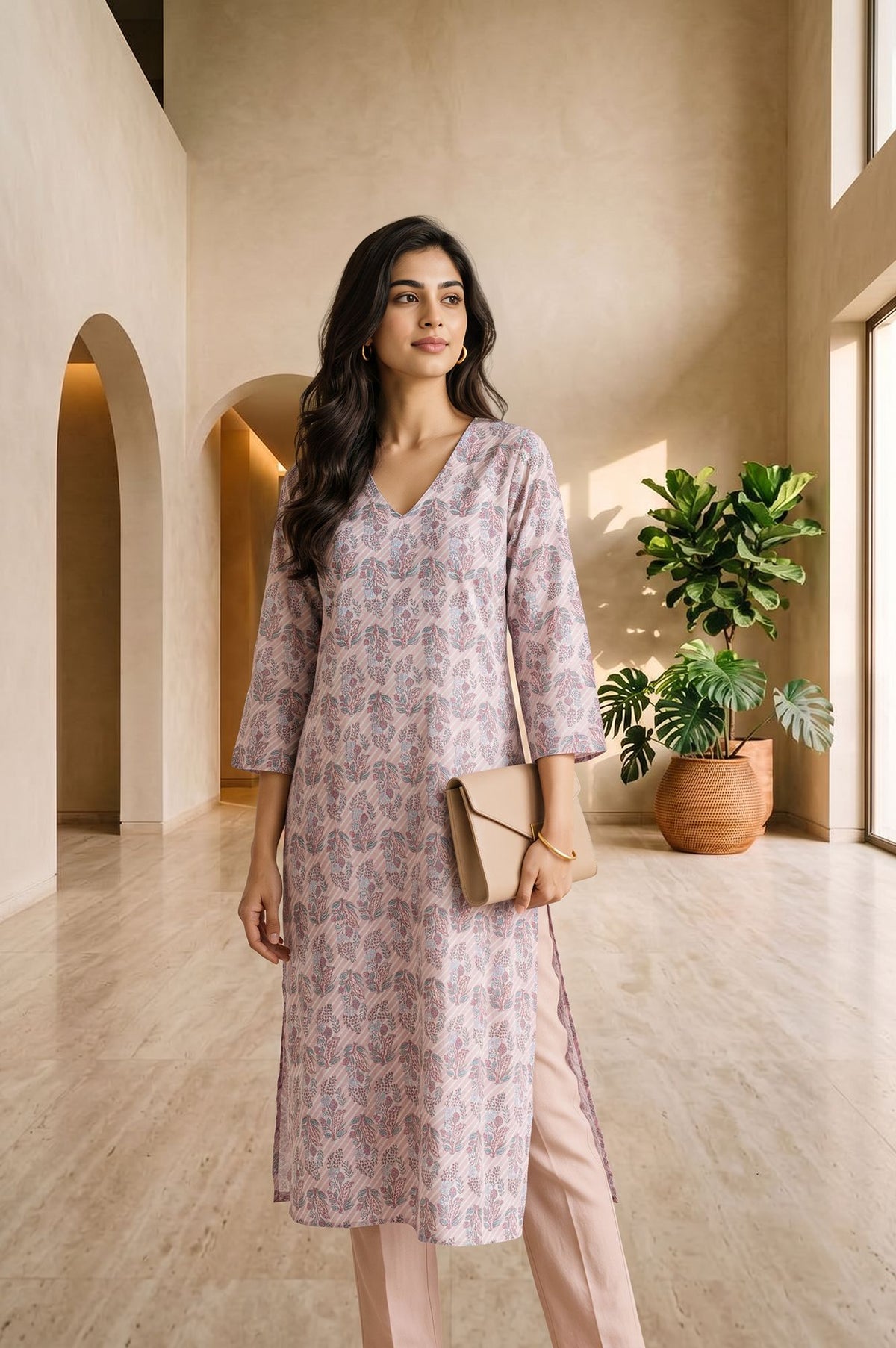 Pink Floral Printed Pure Cotton Straight Kurta