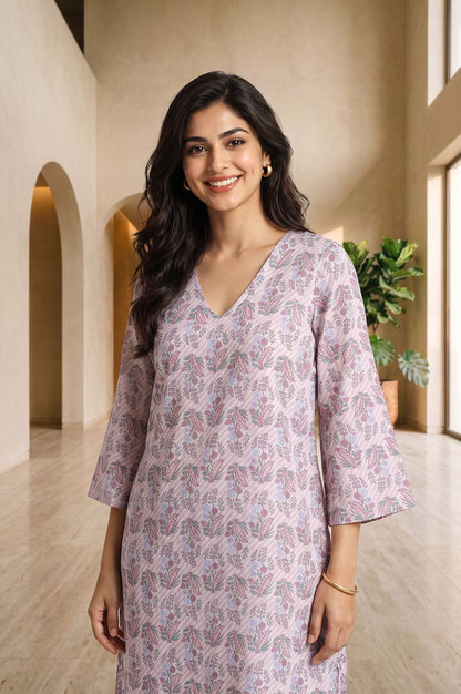 Pink Floral Printed Pure Cotton Straight Kurta