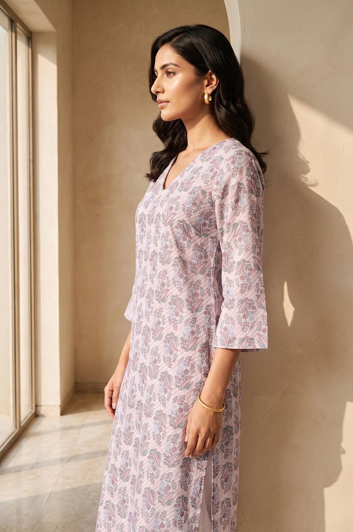 Pink Floral Printed Pure Cotton Straight Kurta