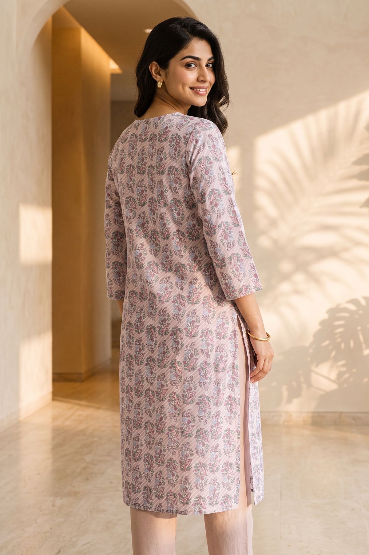 Pink Floral Printed Pure Cotton Straight Kurta