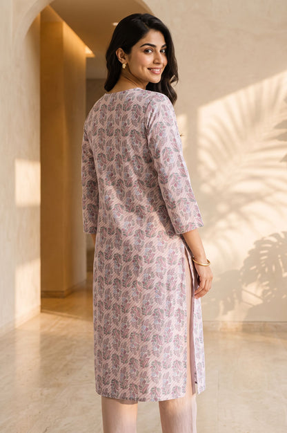 Pink Floral Printed Pure Cotton Straight Kurta