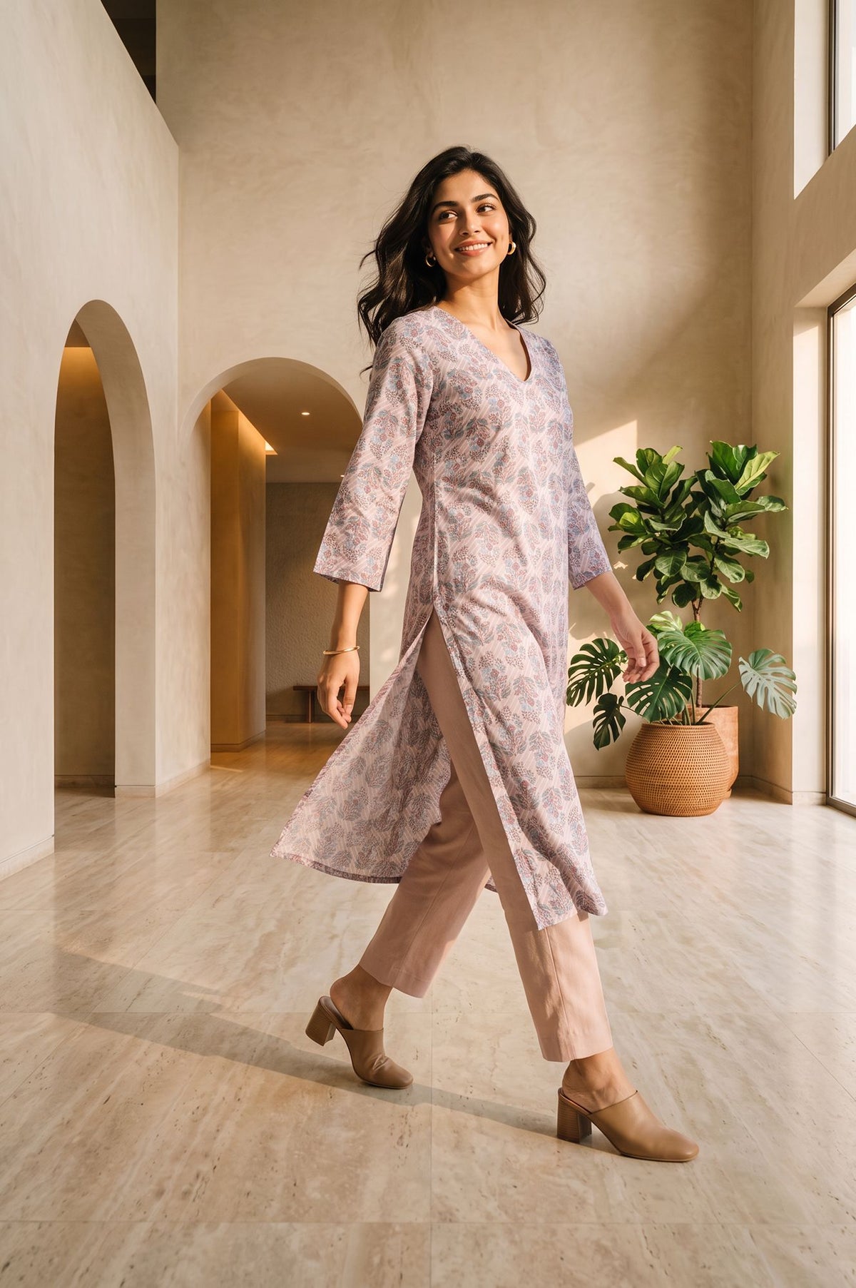 Pink Floral Printed Pure Cotton Straight Kurta