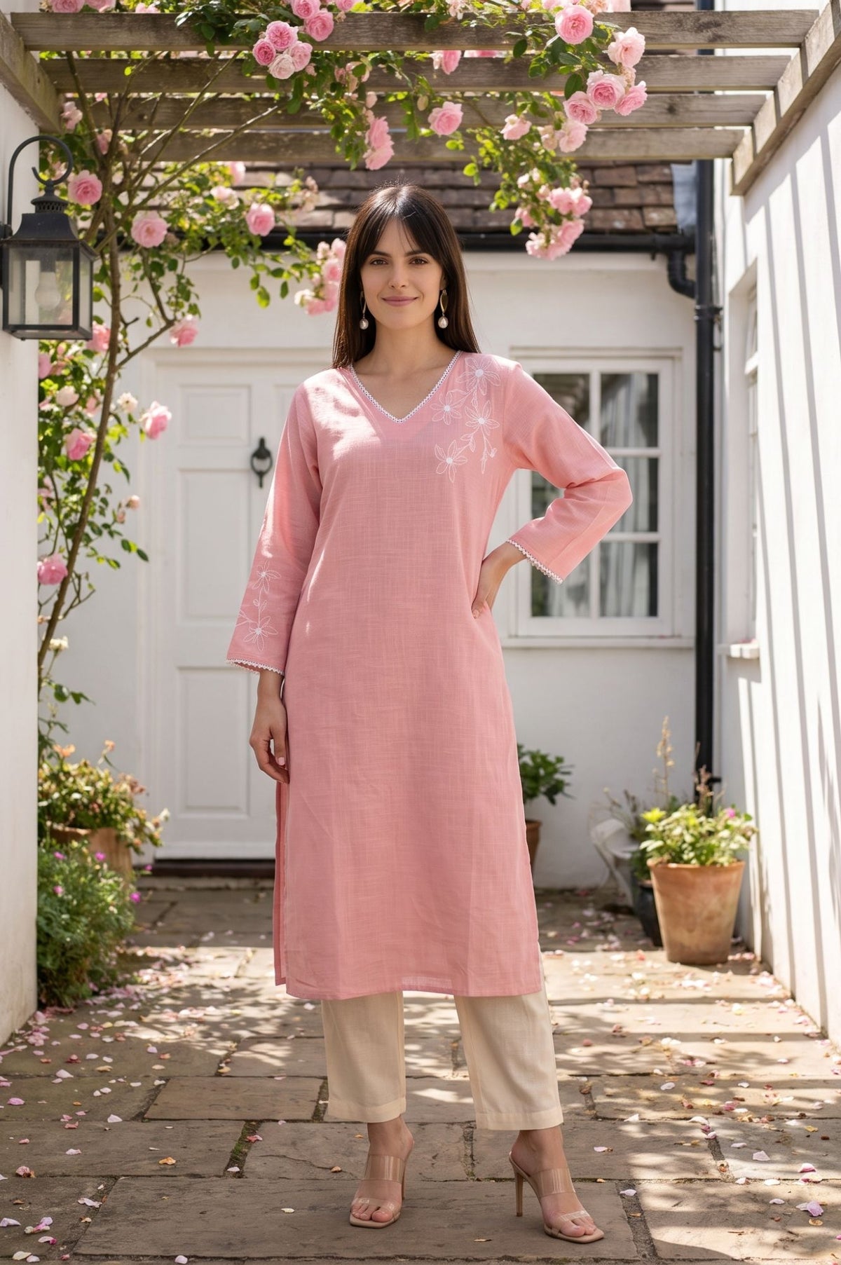 Pink Embroidered Pure Cotton Straight Kurta