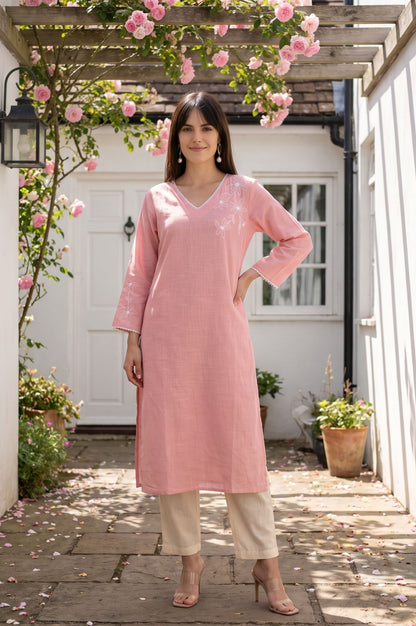 Pink Embroidered Pure Cotton Straight Kurta