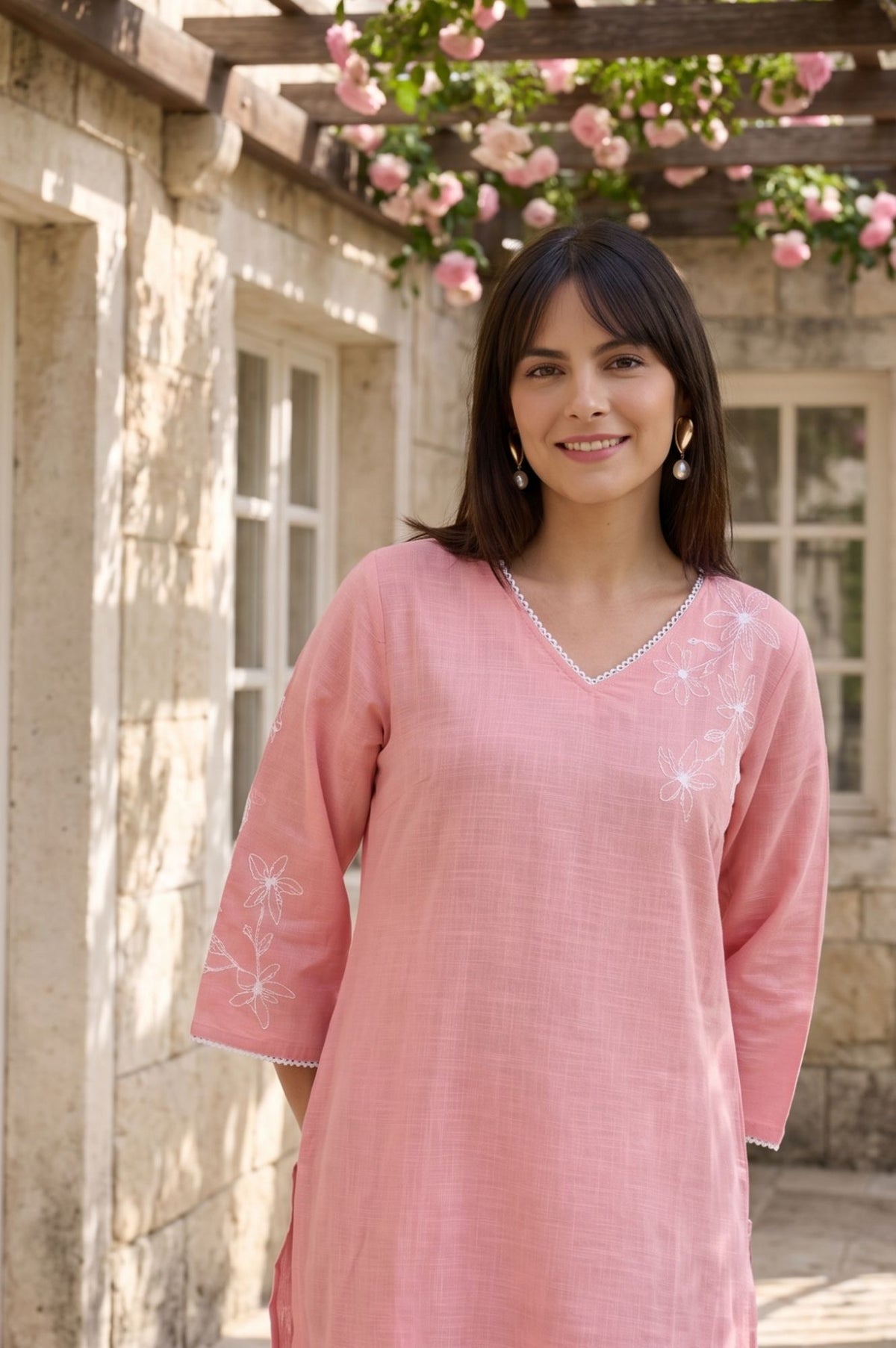 Pink Embroidered Pure Cotton Straight Kurta