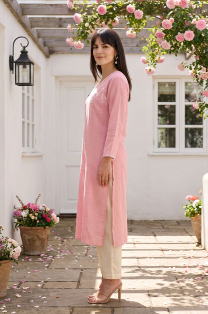Pink Embroidered Pure Cotton Straight Kurta