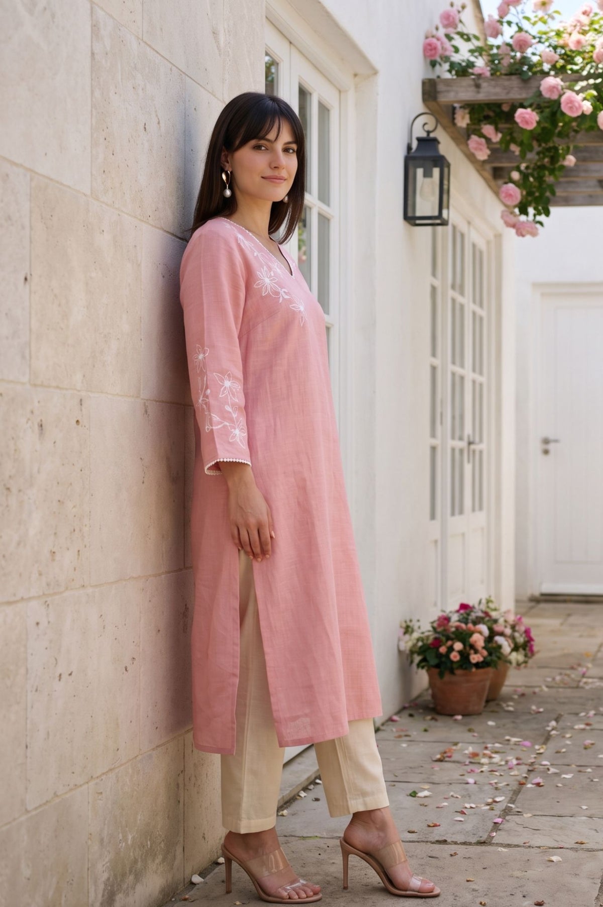 Pink Embroidered Pure Cotton Straight Kurta