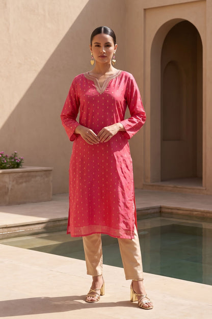 Pink Textured Zari Chanderi Straight Kurta