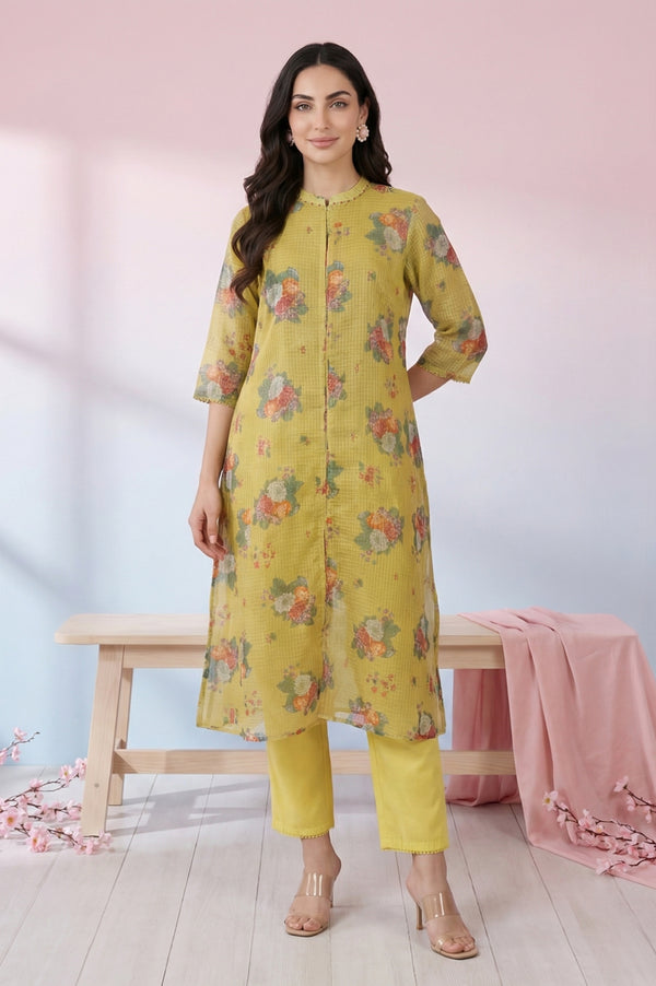 Yellow Floral Printed Kota Straight Kurta