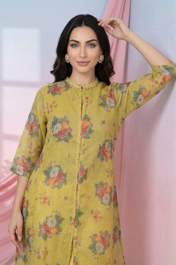 Yellow Floral Printed Kota Straight Kurta