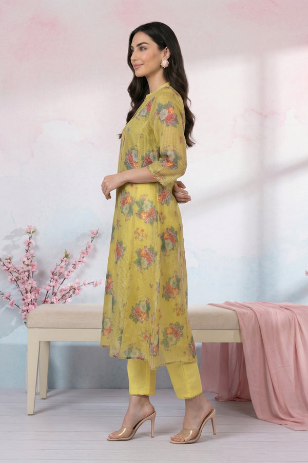 Yellow Floral Printed Kota Straight Kurta