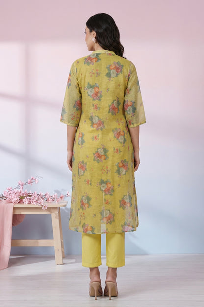 Yellow Floral Printed Kota Straight Kurta