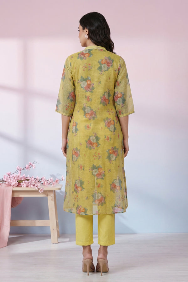 Yellow Floral Printed Kota Straight Kurta