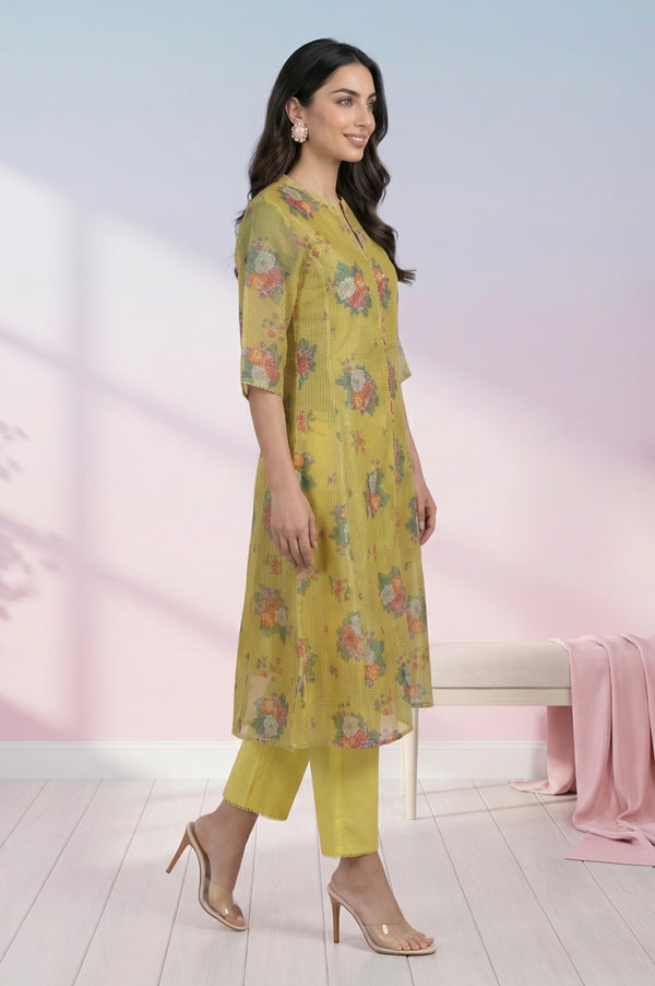 Yellow Floral Printed Kota Straight Kurta