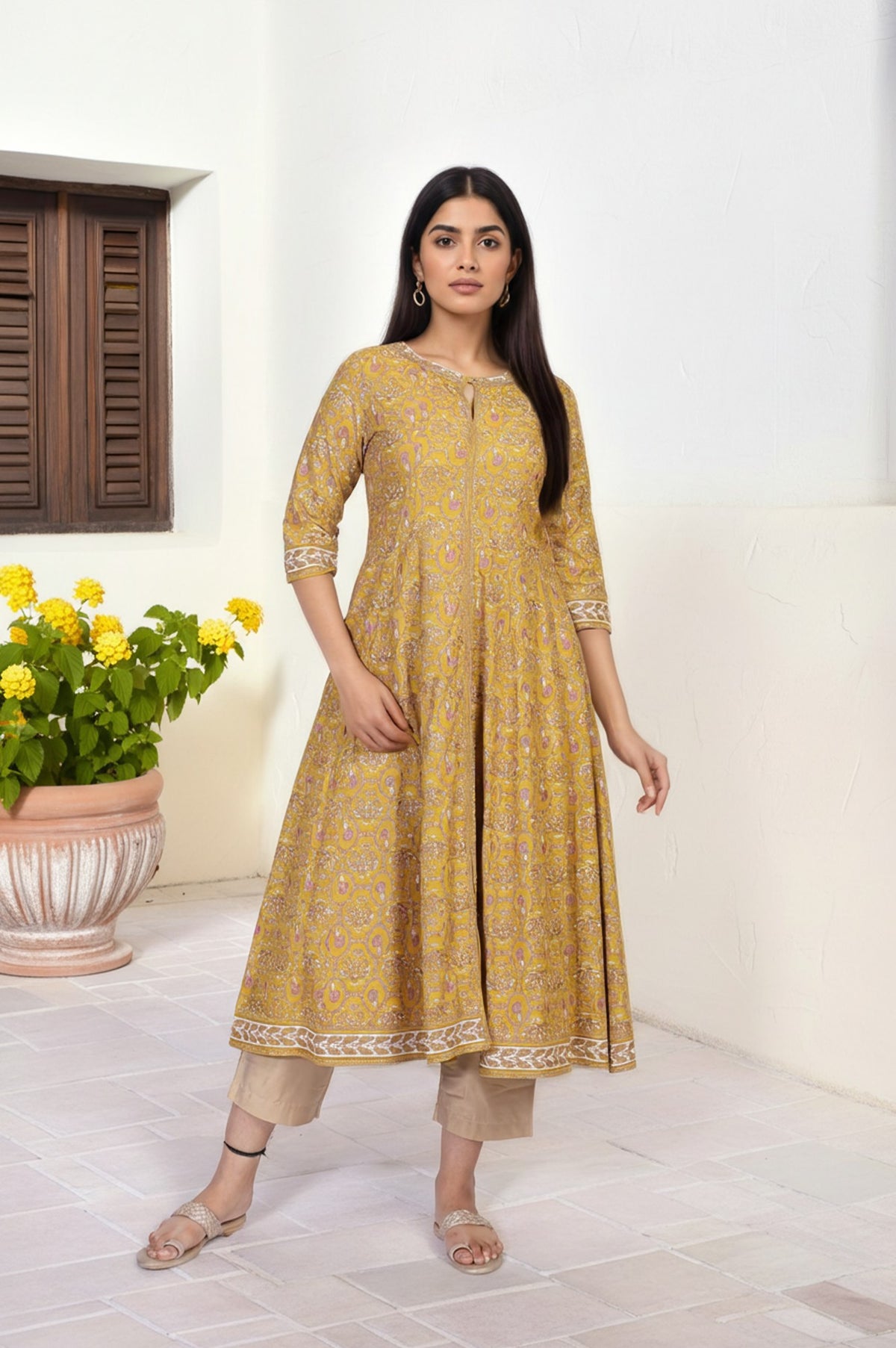 Mustard Floral Printed Anarkali Rayon Kurta - XS