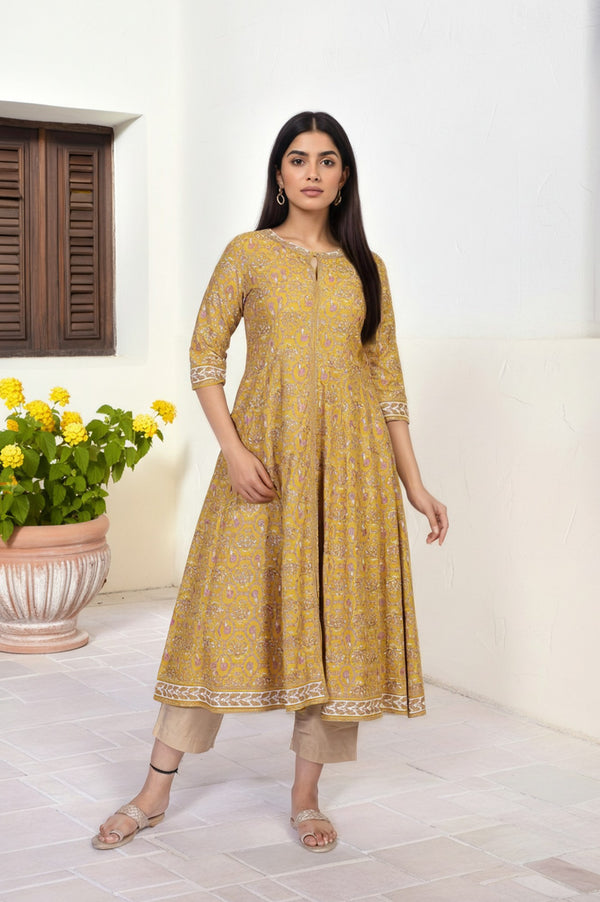 Mustard Floral Printed Anarkali Rayon Kurta