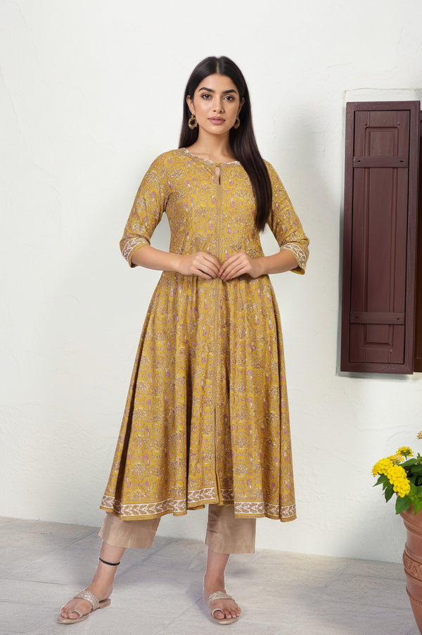 Mustard Floral Printed Anarkali Rayon Kurta