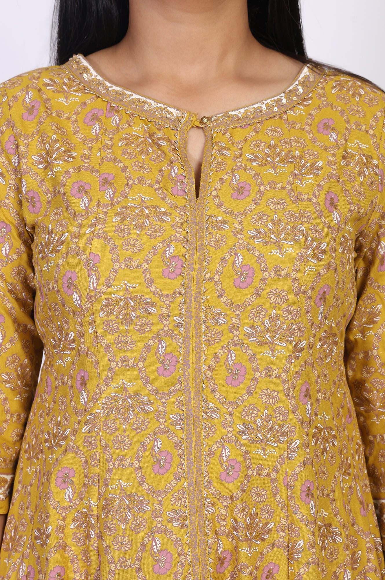Mustard Floral Printed Anarkali Rayon Kurta
