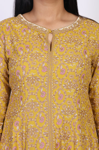 Mustard Floral Printed Anarkali Rayon Kurta