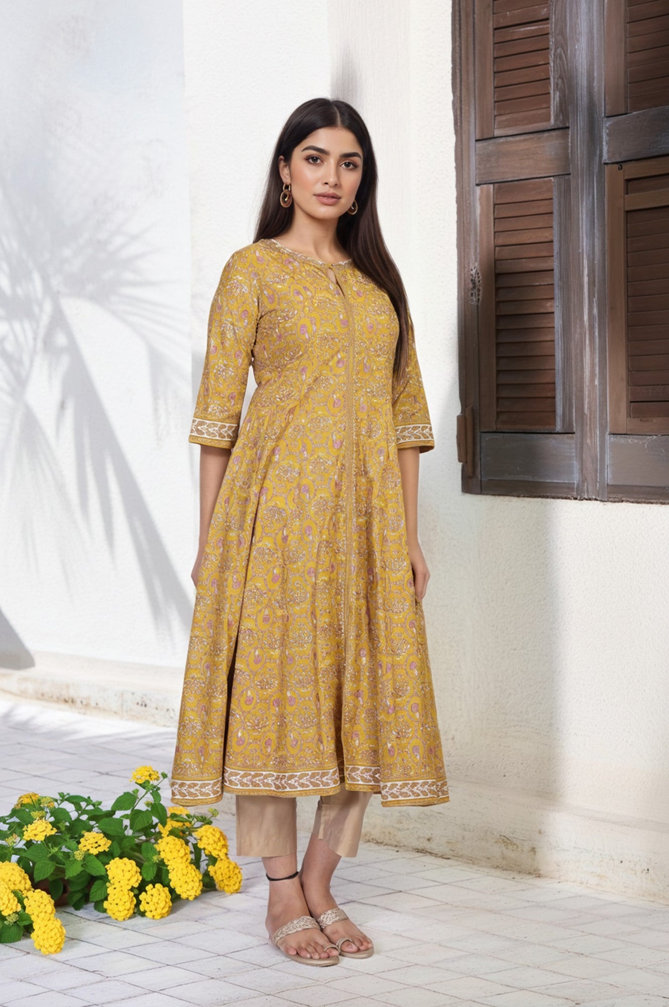 Mustard Floral Printed Anarkali Rayon Kurta