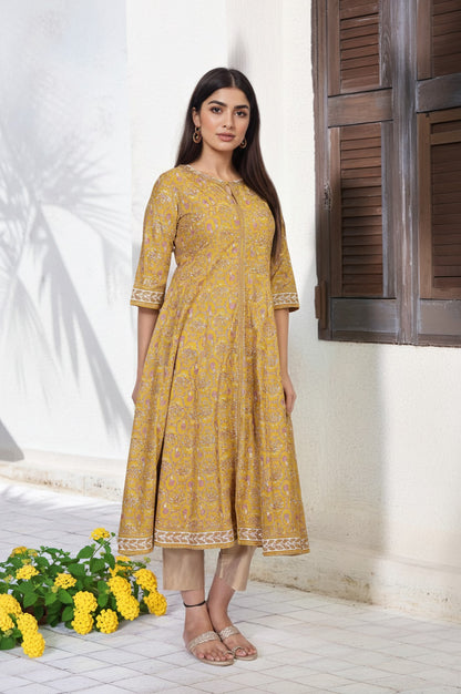 Mustard Floral Printed Anarkali Rayon Kurta