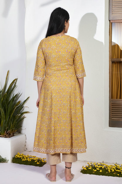 Mustard Floral Printed Anarkali Rayon Kurta