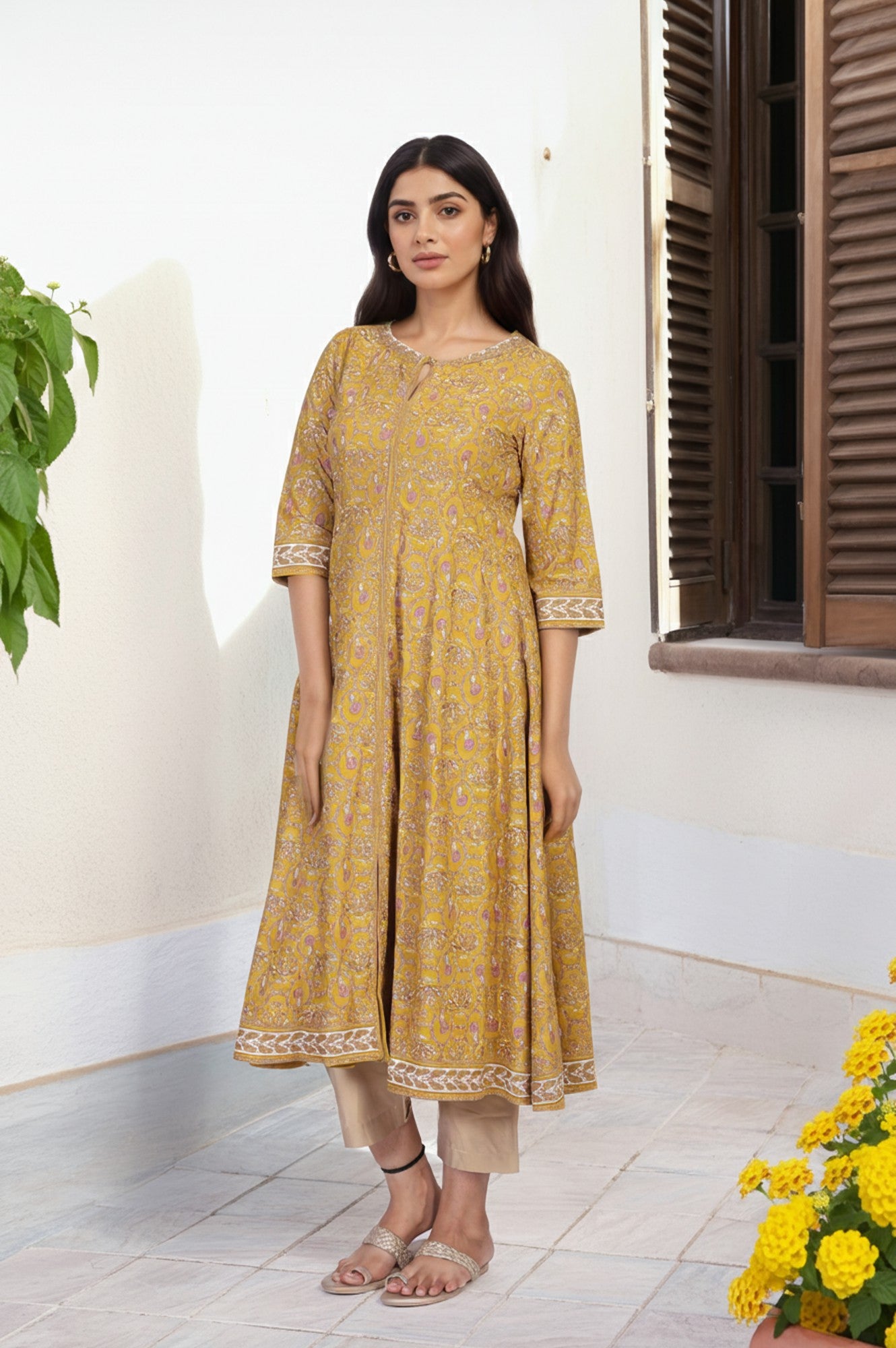 Mustard Floral Printed Anarkali Rayon Kurta