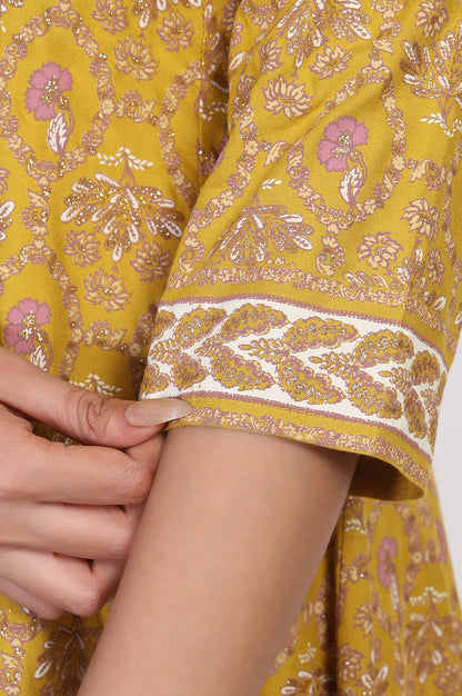 Mustard Floral Printed Anarkali Rayon Kurta