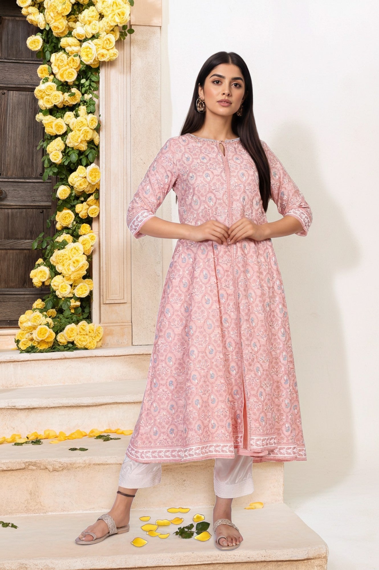 Pink Floral Ethnic Printed Embellished A-Line Rayon Kurta