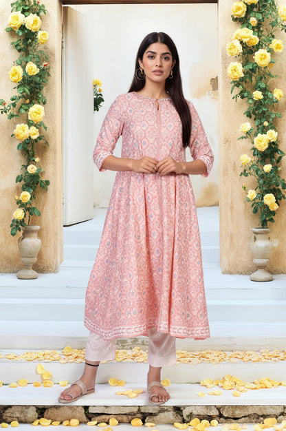 Pink Floral Ethnic Printed Embellished A-Line Rayon Kurta