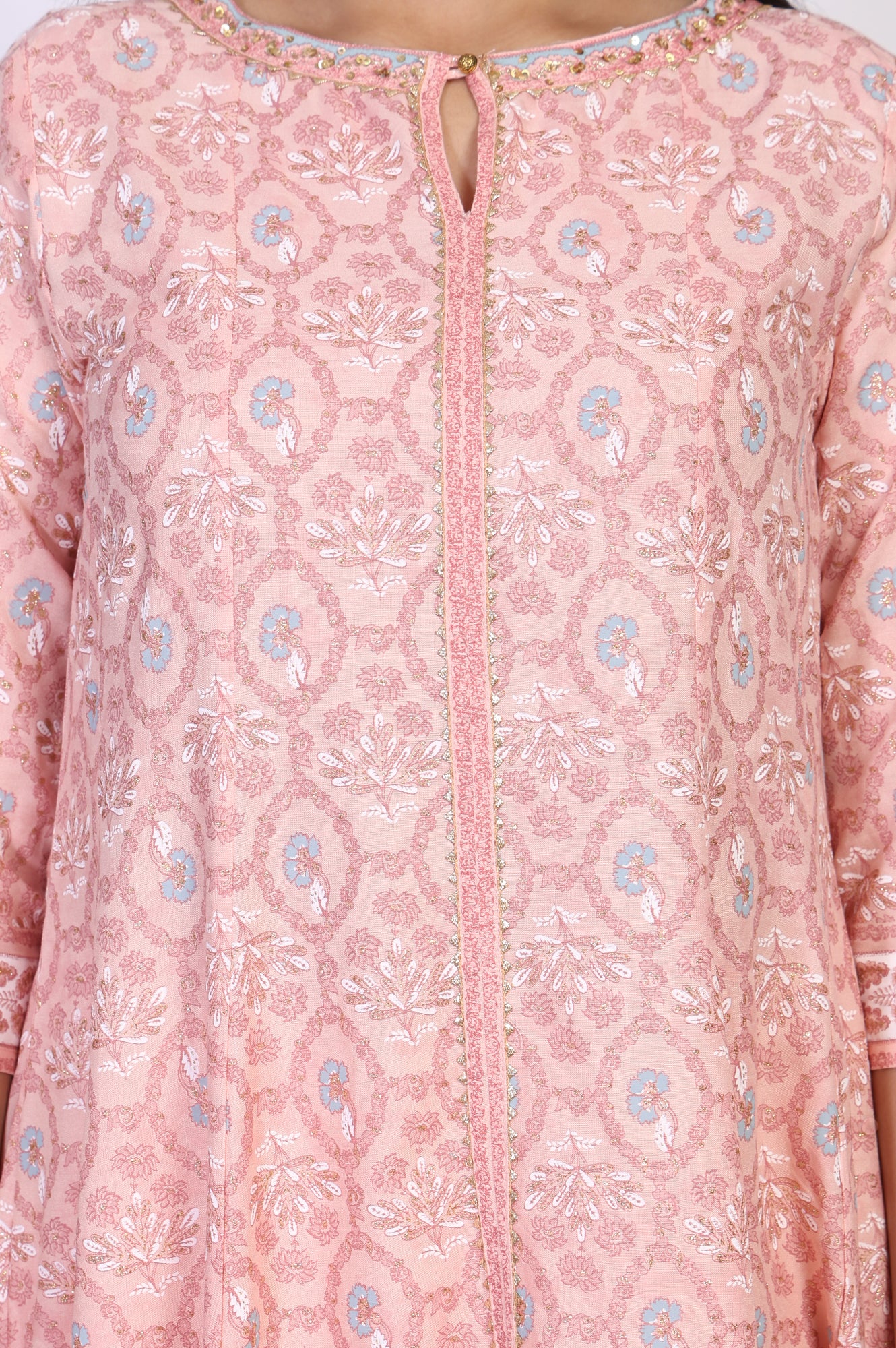 Pink Floral Ethnic Printed Embellished A-Line Rayon Kurta