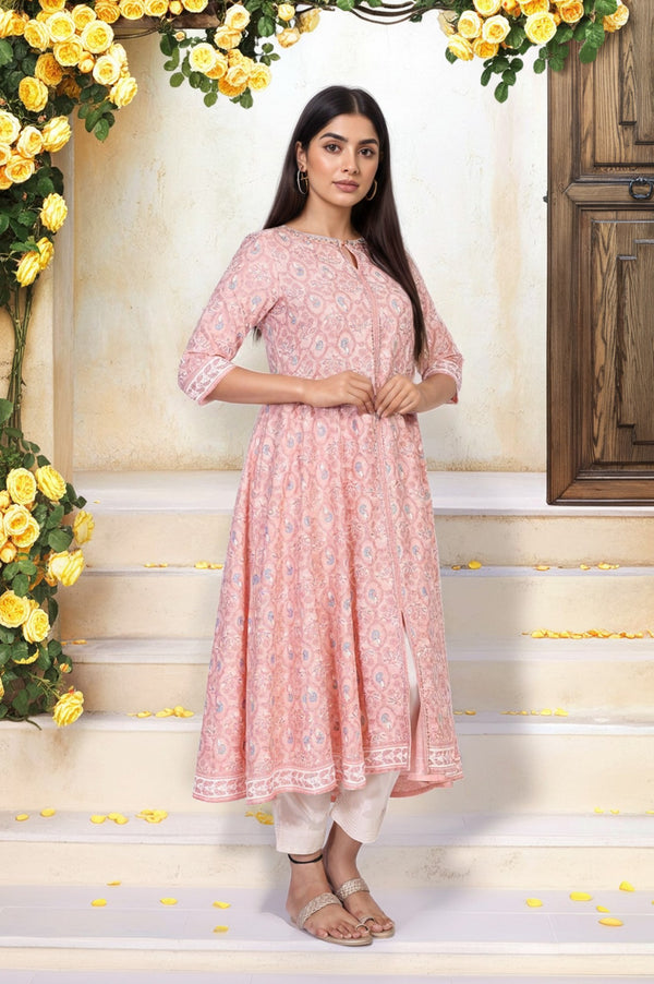 Pink Floral Ethnic Printed Embellished A-Line Rayon Kurta