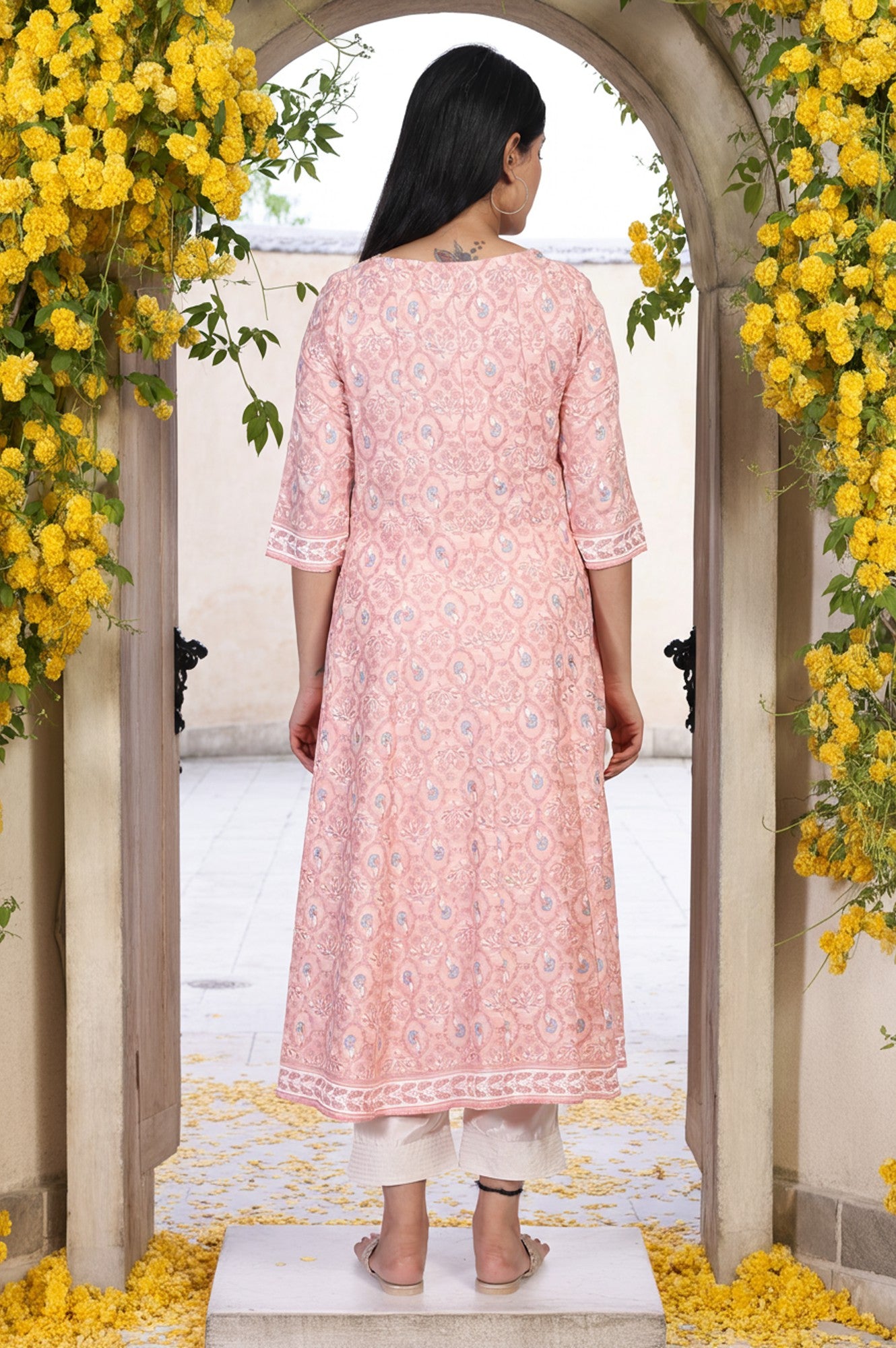 Pink Floral Ethnic Printed Embellished A-Line Rayon Kurta