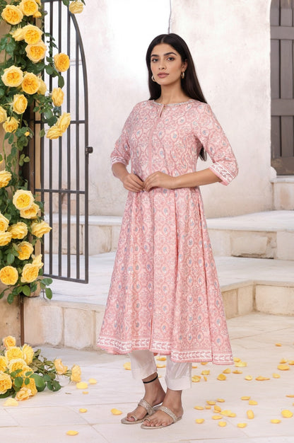 Pink Floral Ethnic Printed Embellished A-Line Rayon Kurta