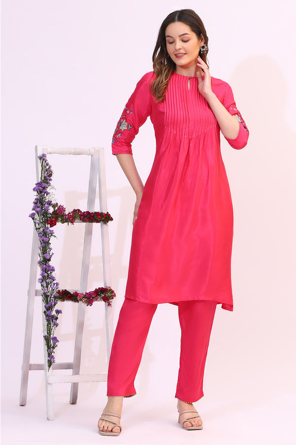 Pink Embroidered Shantung Straight Kurta